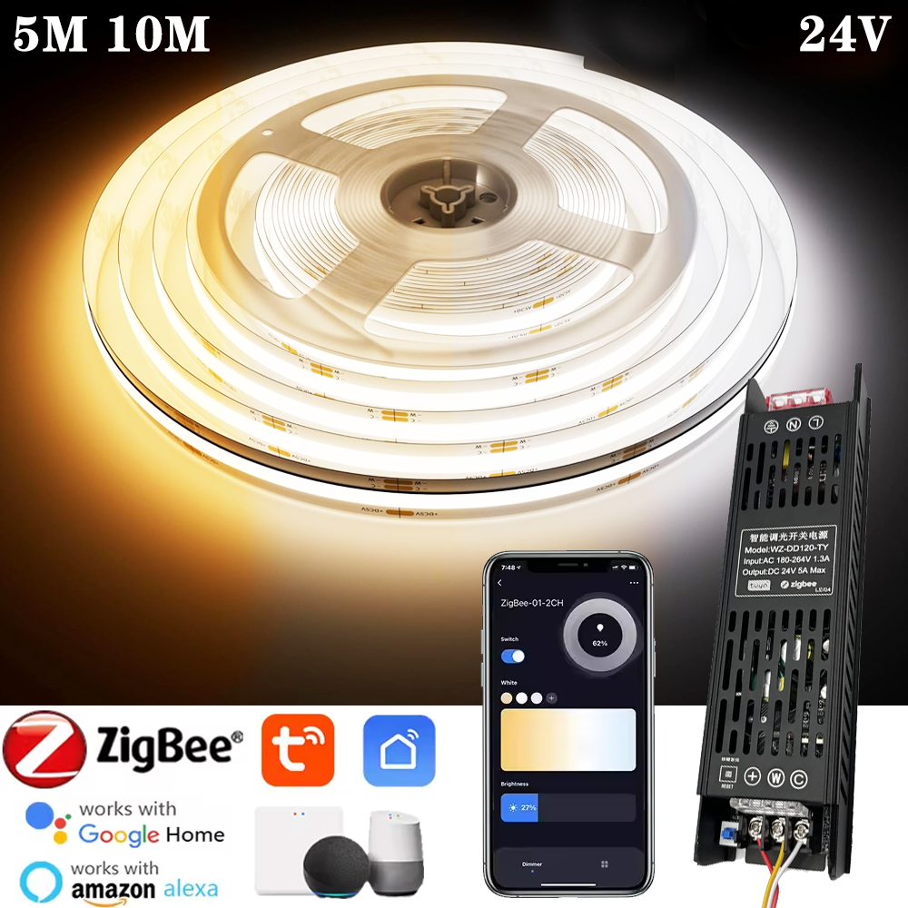 Zigbee 3.0 24V DC CCT COB LED Strip Light Color Changing Dimmable Flexible LED Tape Linear Ribbon 5M 10M Dual Color Room Decor