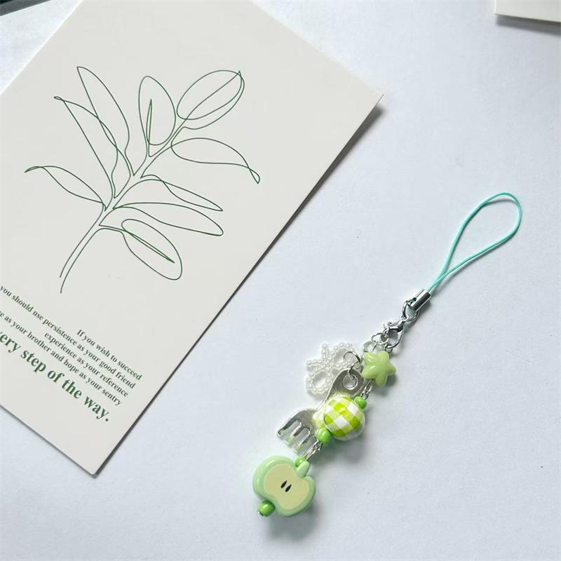 Cute Sweet Green Star Bow Beads Keychain Pendant Mobile Phone Strap Lanyard Backpack Charm Bag Hanging Ornament Girly pen gpt