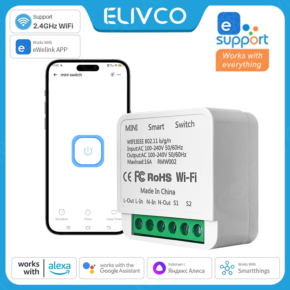 EWeLink Mini Smart Switch 16A Wireless DIY Light Switches Support 2 Way Control Support Alexa Home Voice Control lightify