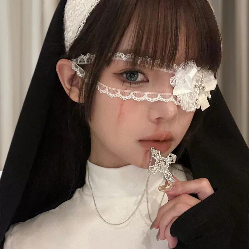 Women Sweet And Cool Black White Lace Bows Heart Cross Eye Mask Suitable For Halloween Theme Lolita Dark Gothic COS Accessories