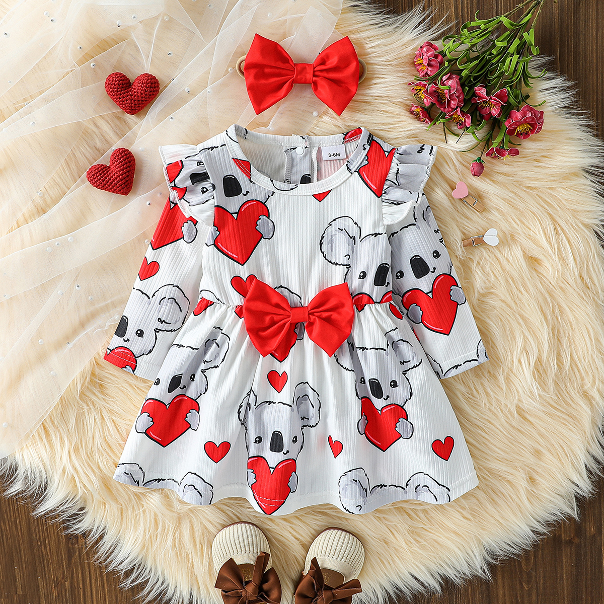 2Pcs Spring And Summer Baby Girls Daily Casual Fashion Trend Casual Sweet Koala Print Long Sleeved Dress For 0-1Y Cute Clothes