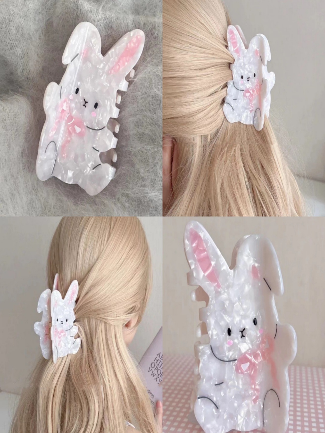 A new, niche design, sweet and versatile, gentle bow-tied rabbit claw clip, super cute pink acetate shark clip