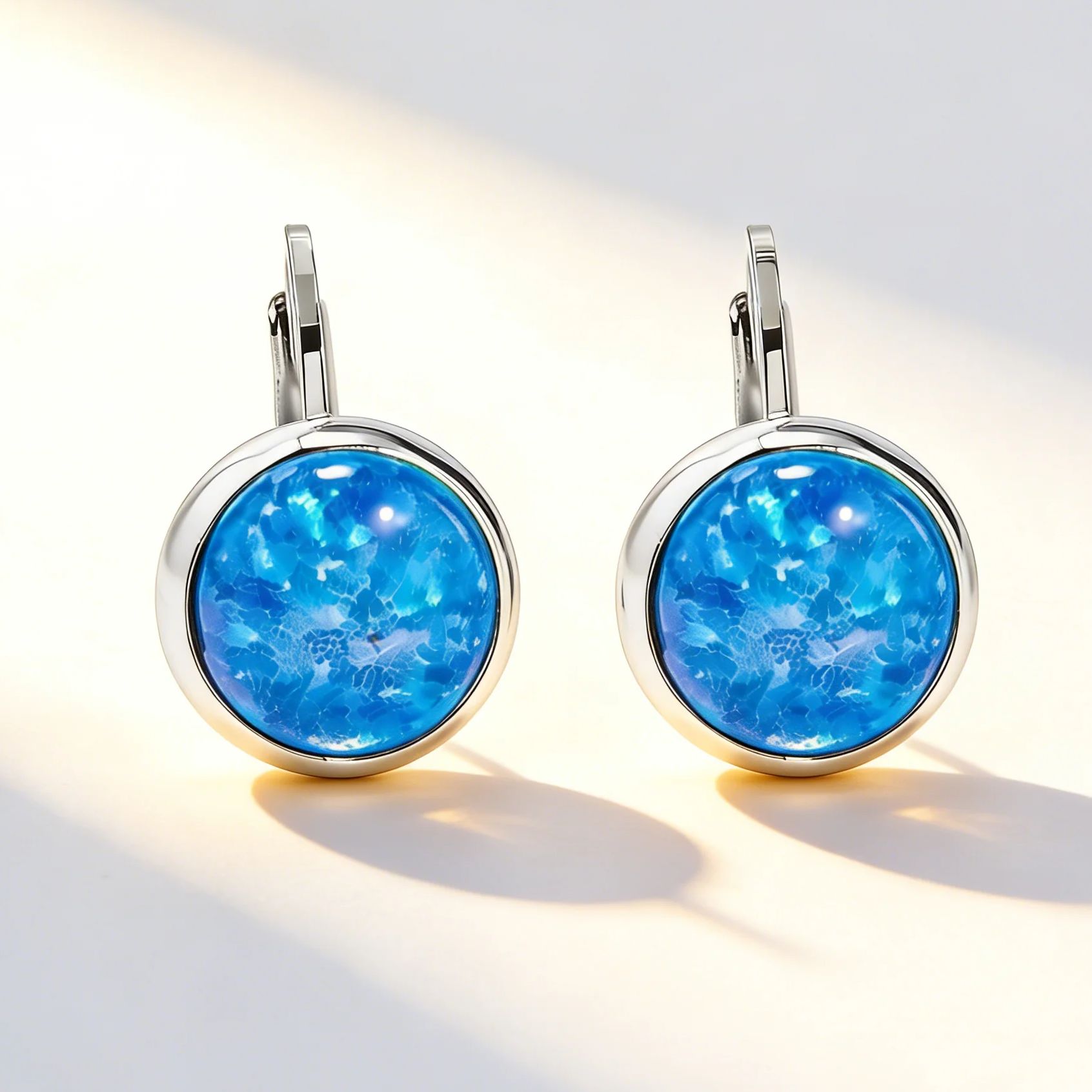 Unique Blue Opal Leverback Earrings,White K Plated Round Statement Earrings Minimalist Elegant Jewelry for Daily Casual Outfits