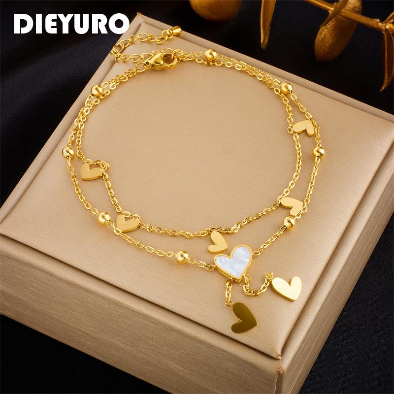 DIEYURO 316L Stainless Steel Heart Love Anklets For Women Girl New Trend Multi-layer Chains Non-fading Jewelry Gift Party 2023