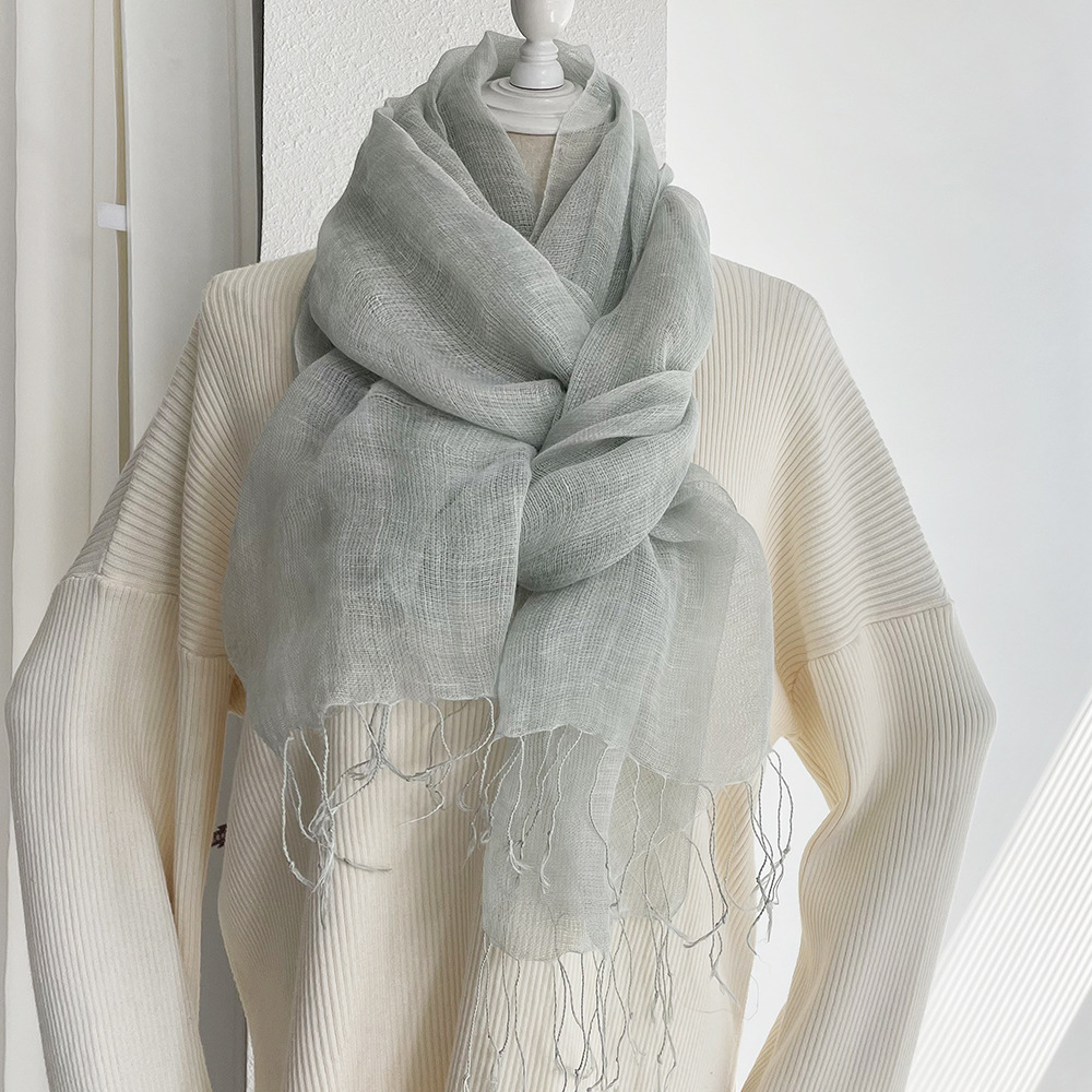 Women's Solid Linen Scarf with Tassels, Spring Sun Protection Shawl, Japanese Korean Style Lightweight Wrap