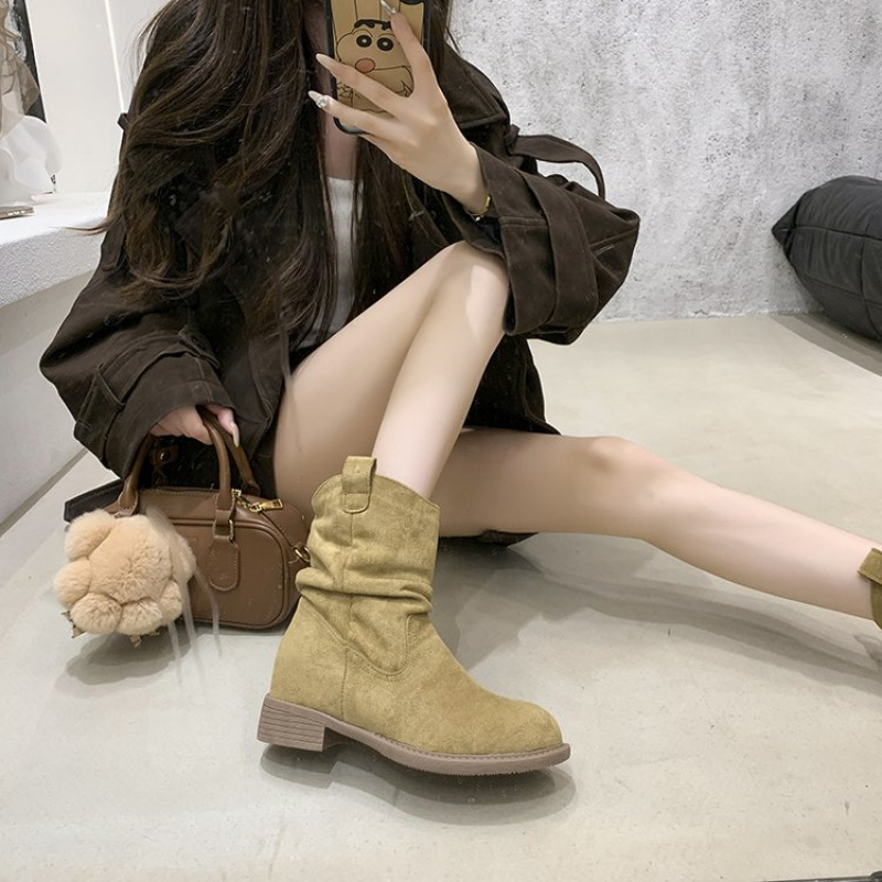 2025 New Women Boots, Stacked Ankle Boots, Retro Mid Heel Slip On, Chunky Sole Mallard Color Fashion Autumn Winter Boots