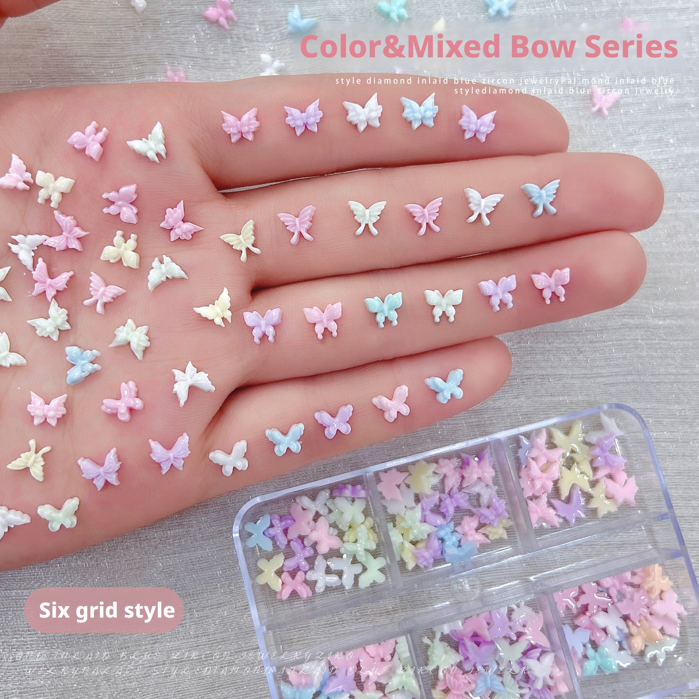 YYM 6 Grids Butterfly Nail Art Charms Set Cute 3D Pink White Resin Butterfly Nail Art Decorations For Nail Salon Home Use