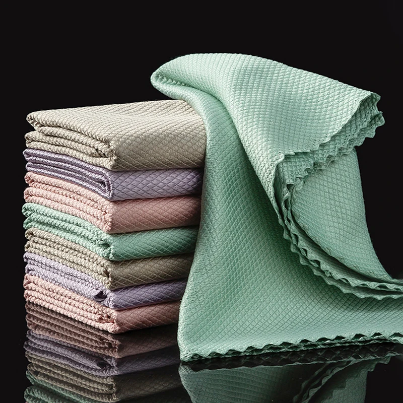 Microfiber Glass Cleaning Cloth Rag Lint-Free For Windows Car Kitchen Mirror No Trace Reusable Fish Scale Rag Polishing