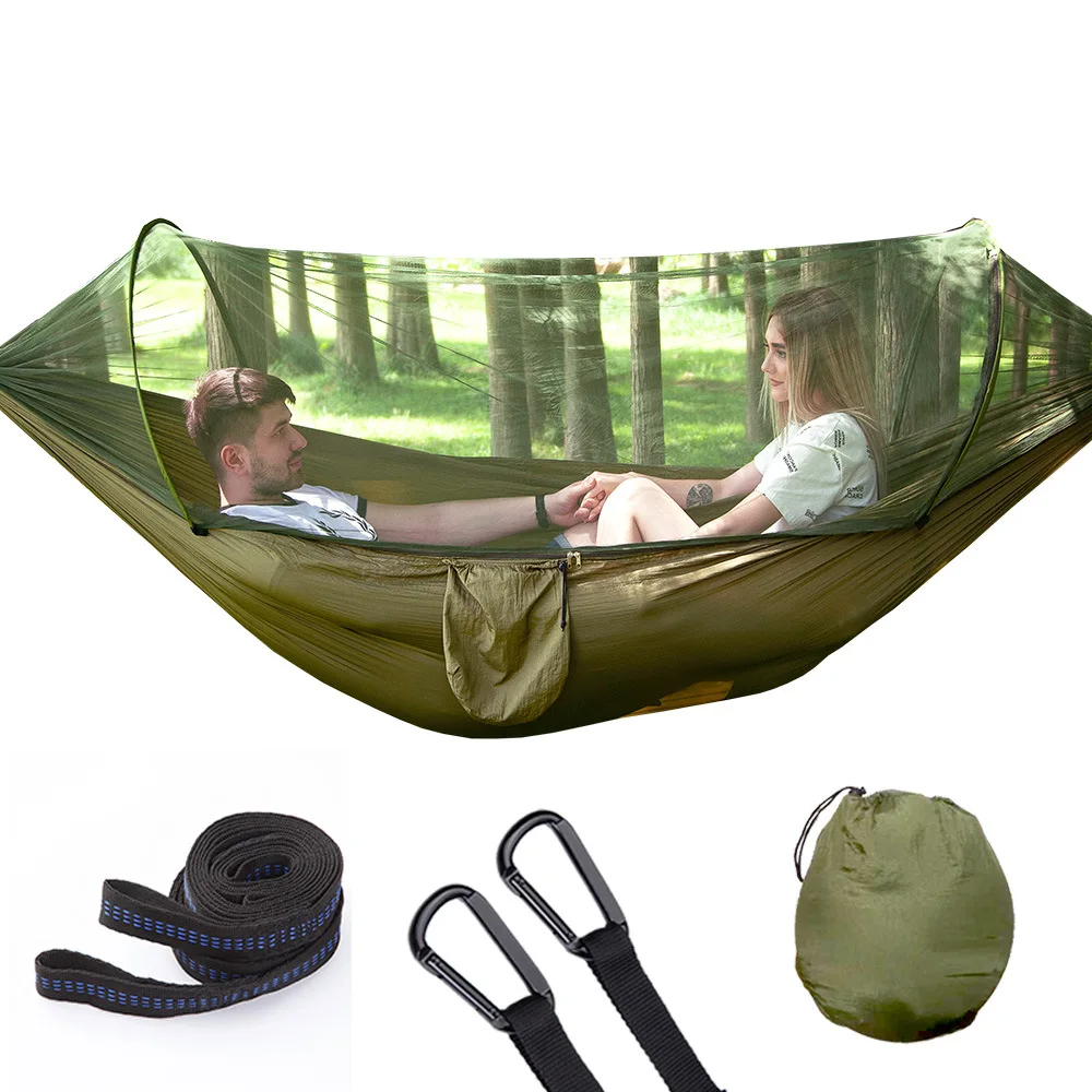 1Pcs Summer Outdoor Camping Hammock with Mosquito Net Automatic Quick Opening Hanging Hammocks Fabric Hanging Sleeping Swing Bed