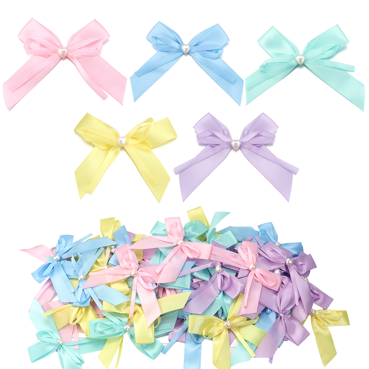 10pcs Double Layered Satin Ribbon Bows Heart Pearl Hand Bow-knot Tie Bow Flower For DIY Clothing Craft Decoration Accessories