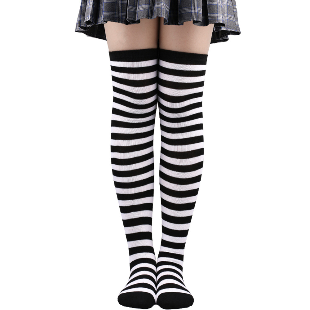 1 Pair Black and White Striped Japanese Style Knee High Women Socks ，Suit For Everyday And Festivals