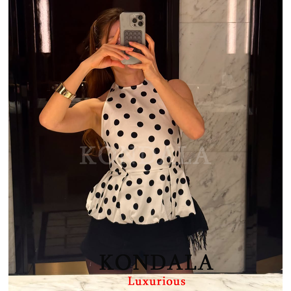 KONDALA Chic Polka Dot Print Women Tops Halter Backless Ruffles Tops Fashion 2026 Spring Summer Y2K Girl Holiday Beach Tops