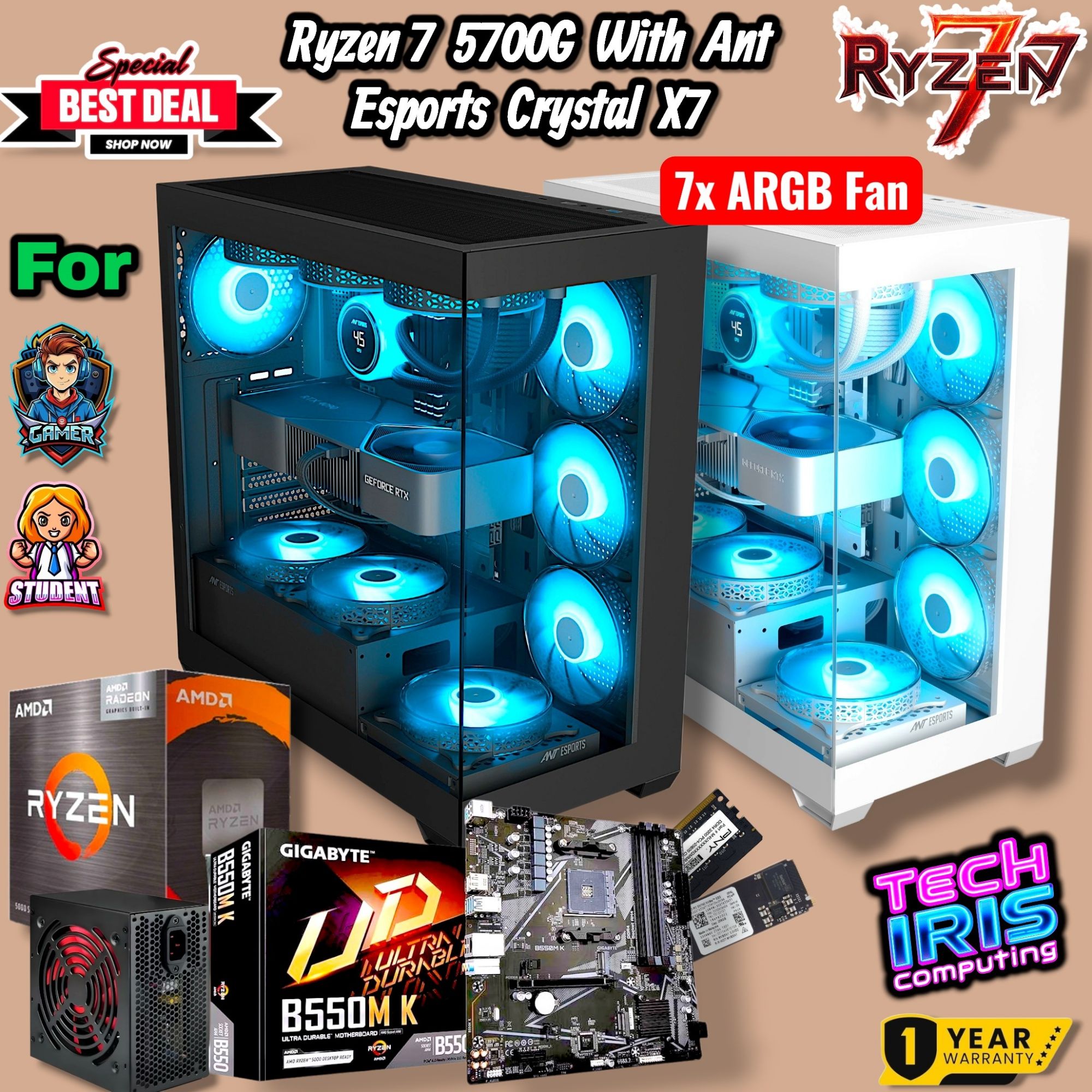 Ryzen 7 5700G on Esports Crystal X7 ARGB Cabinet With Gigabyte A520M/B550M Board, 8/16GB DDR4 RAM, 256/512GB Nvme Powered Gaming PC Desktop