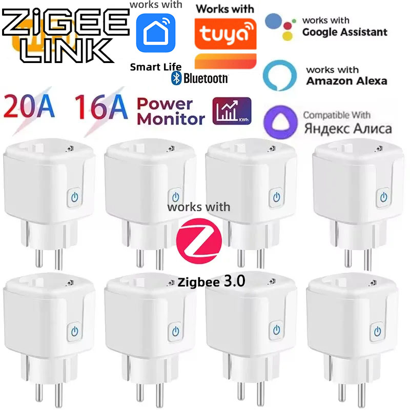 Smart WiFi or ZigBee 3.0 Socket EU Plug 16A/20A Outlet Power Monitor Voice Control work with Tuya Alexa Assistant