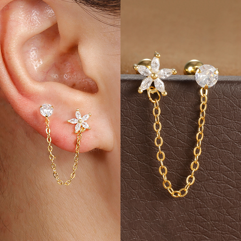 1PC Stainless Steel Double Hole Link Chain Square Ear Stud Earrings for Women Gold Color Flower Cartilage Piercing Jewelry