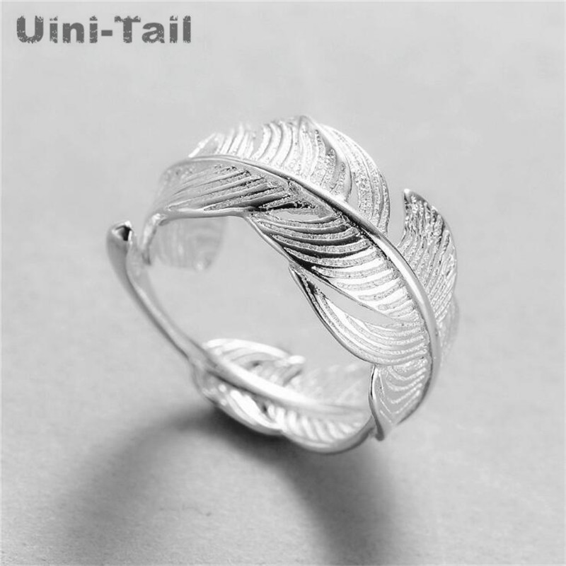 Uini-Tail 2026 hot new 925 sterling silver open feather ring adjustable size girl jewelry fashion tide flow high quality jewelry