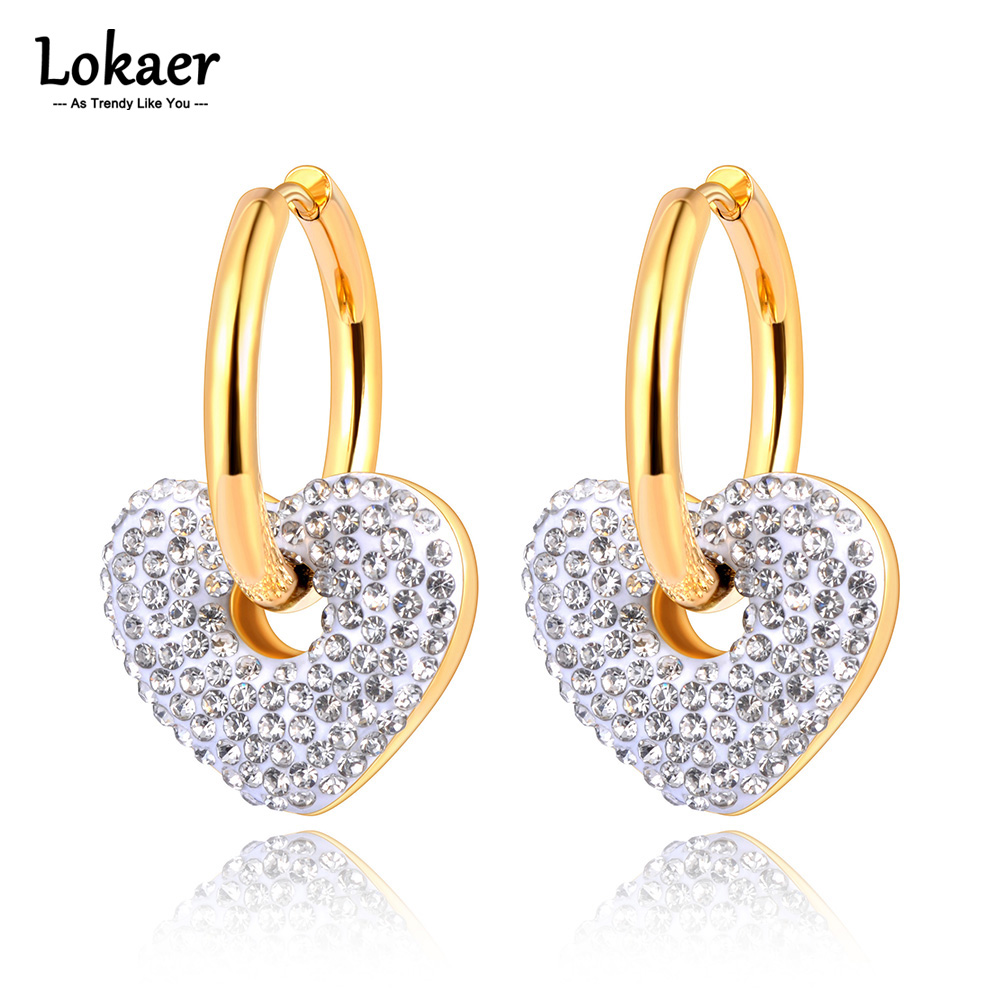 Lokaer Sparkling Black/White Rhinestone Heart Hoop Earrings For Women Stainless Steel Wedding Earrings For Brides серьги E23072