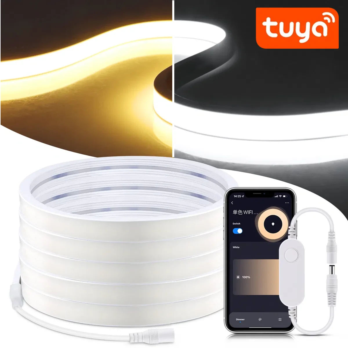 Premium Silicone Tube LED Neon Light Strip 24V Tuya Smart APP Alexa Control Self-Adhesive COB LED Tape-Cuttable|Waterproof