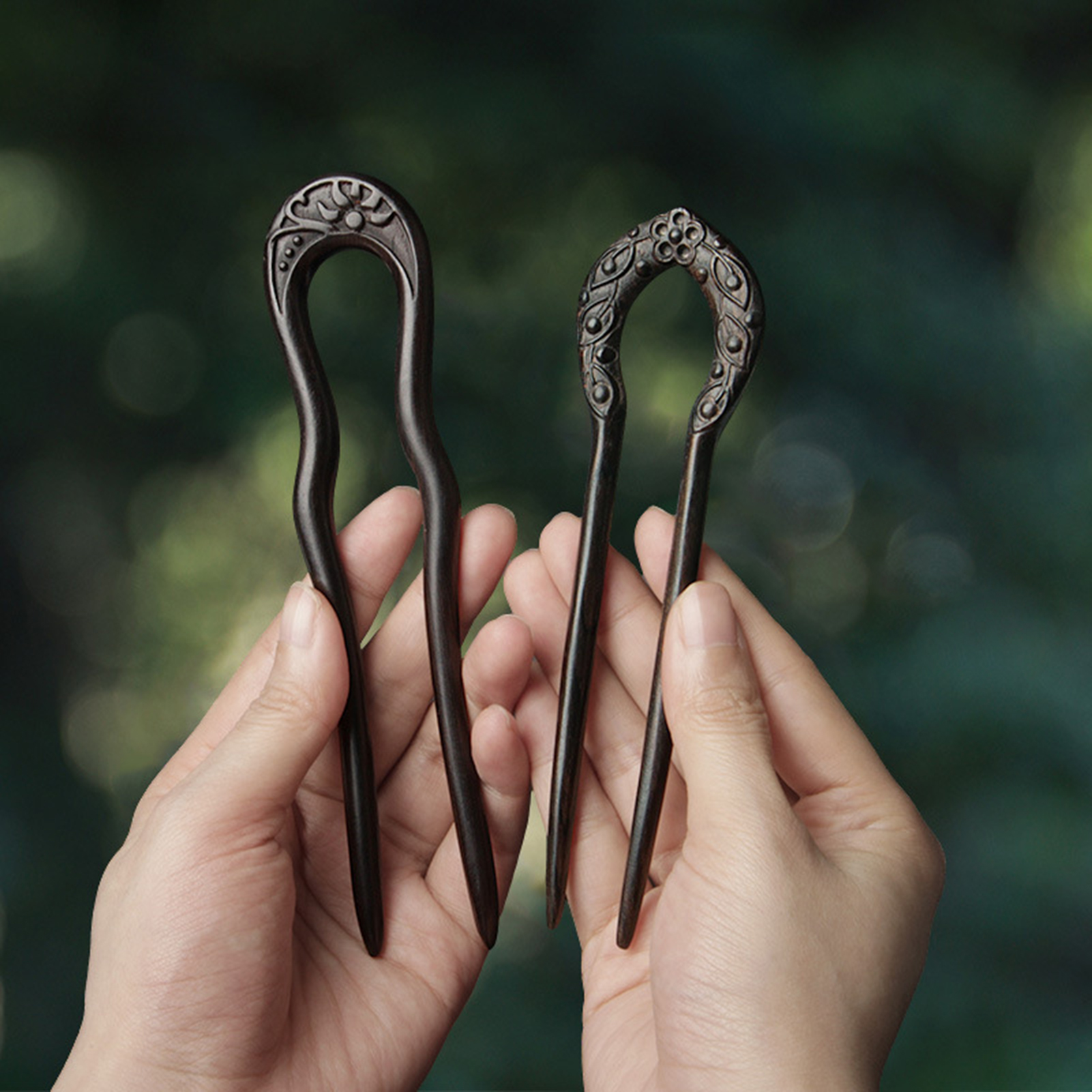 U Shape Chinese Hair Stick Chopsticks Black Wooden Flower Pattern Hairpin Vintage Hanfu Cheongsam Decor Hair Bun Jewelry