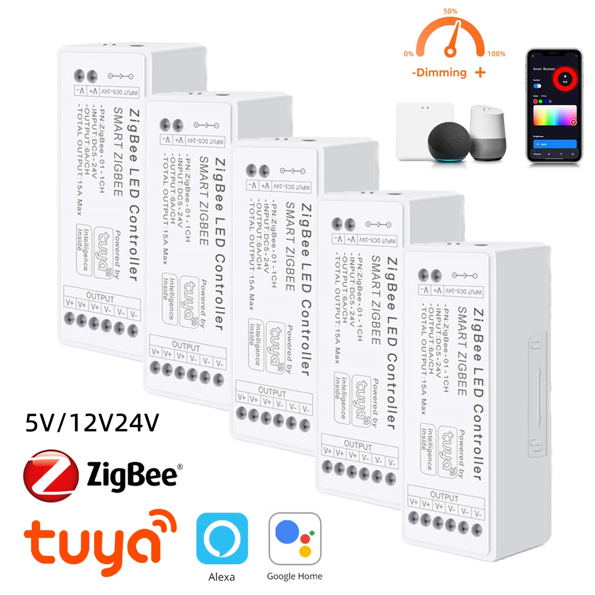 Zigbee Controller DC5V 12V 24V LED Light Dimmer Box work with Tuya Smart Life Single Color LED Strip COB 5050 2835 APP Dimming
