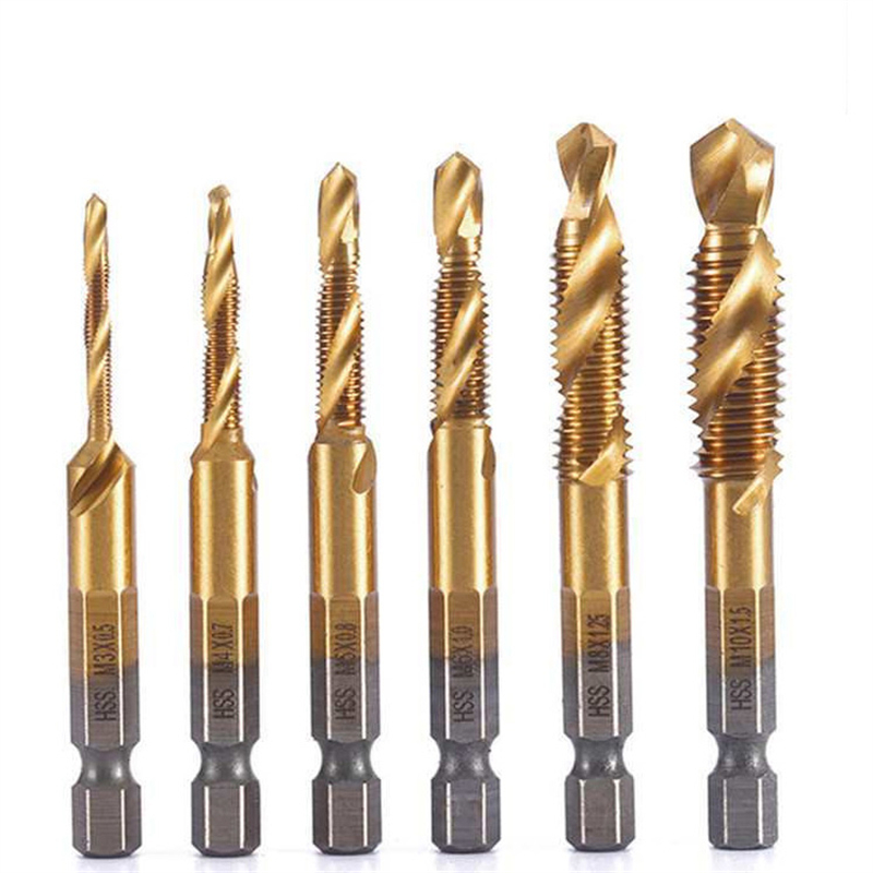 6pcs Tap Titanium Plated Hex Shank High Speed Steel Straight Fluted Screw Thread Metric Plug Drill Set M3-M10 Hand Tools Taping