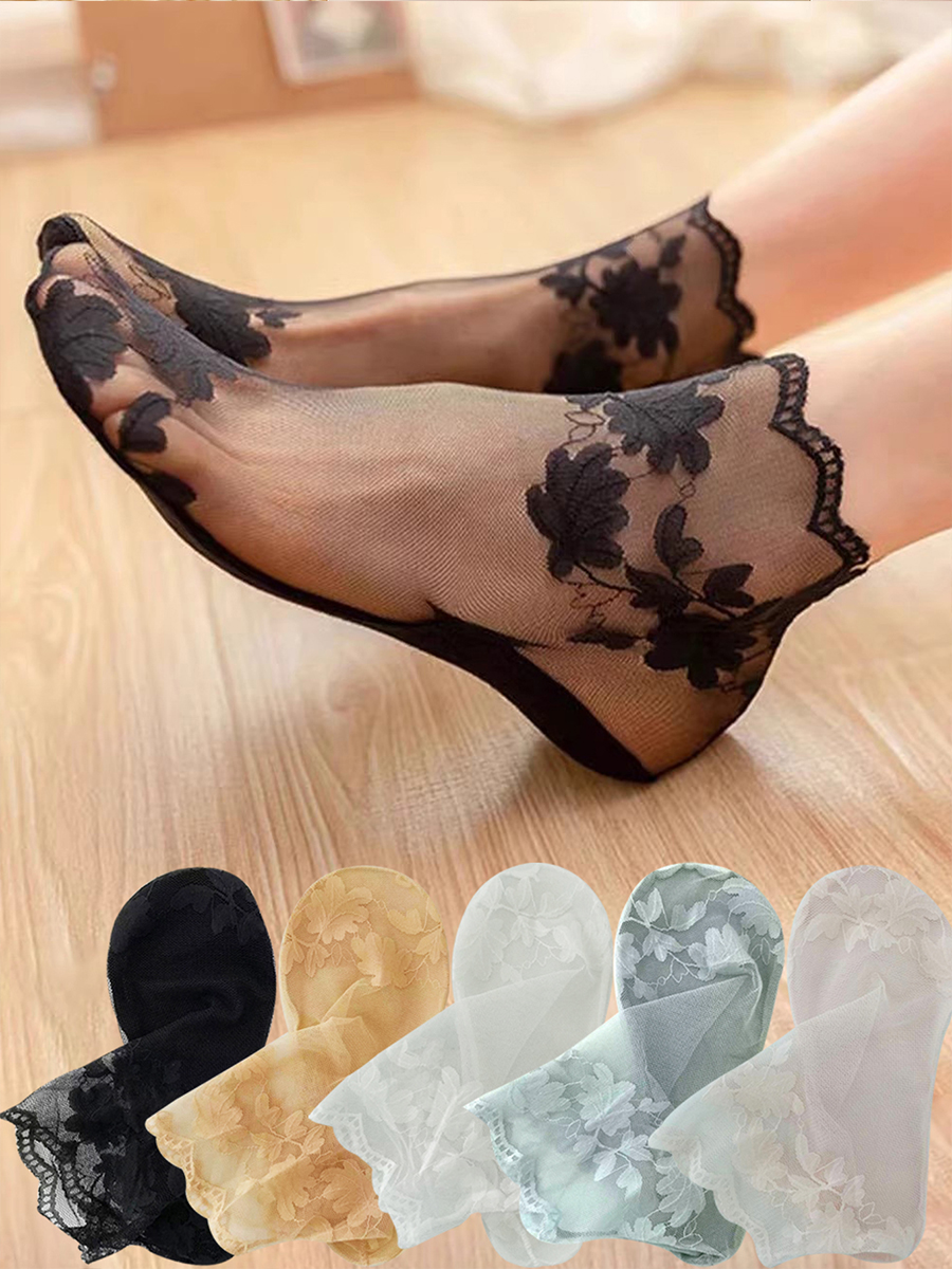 Breathable Elastic Women's Lace Transparent Invisible Summer Thin Non-slip Leaves Short Ankle Socks