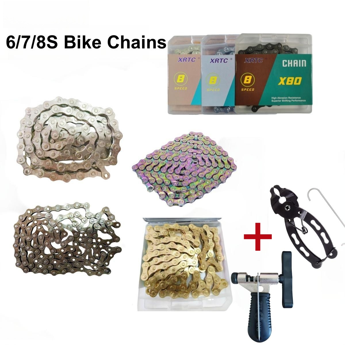 6/7/8 Speed Bike Chain,Bicycle Chain for Most Bikes, Cycling Chains,Silvery/Golden/Rainbow/Brown Colors,116 Links