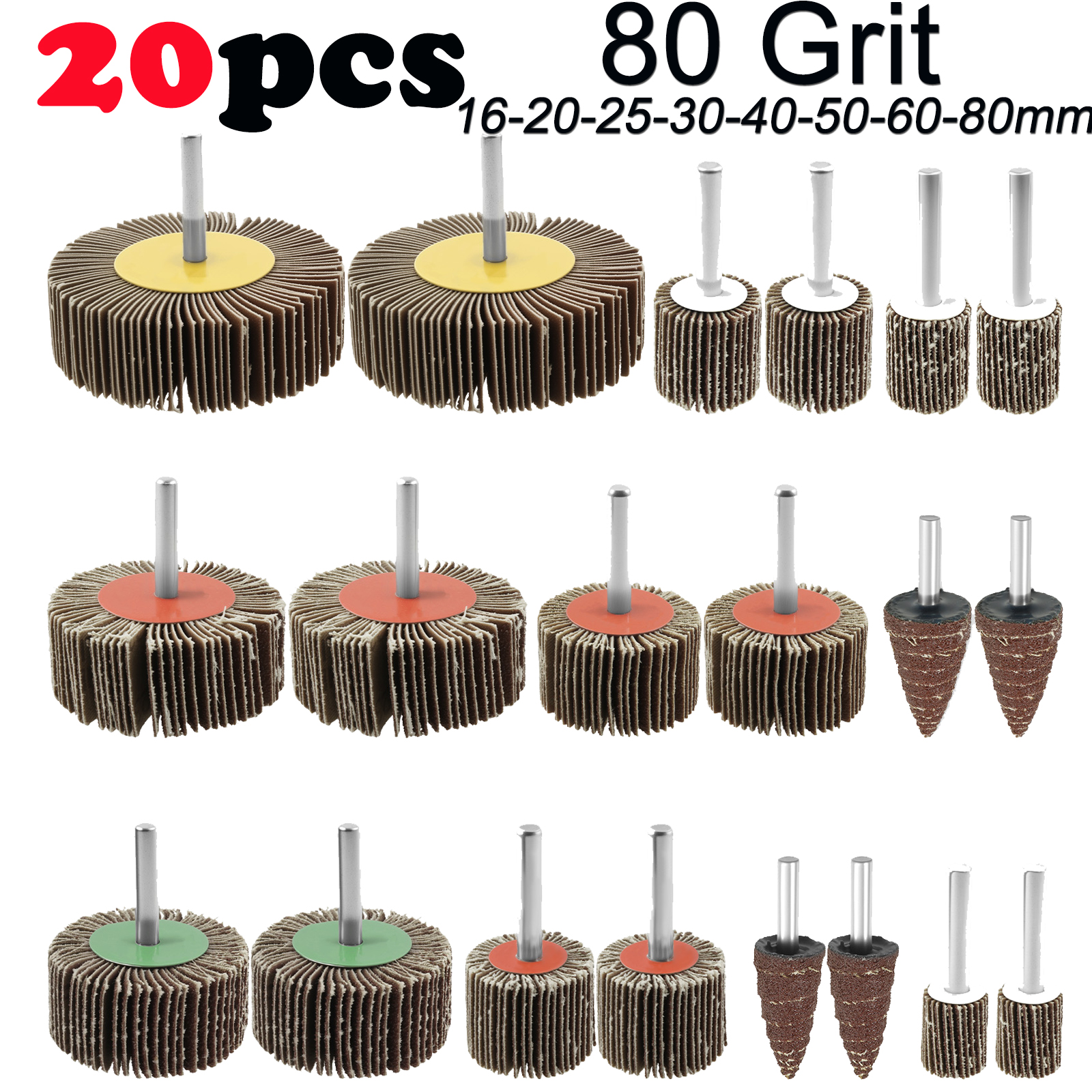 20PCS Abrasive Flap Wheel Sander 80 Grit 1/4 Inch Shank Buffing Sandpaper Flap Wheel Accessories Rotary Tool for Metal Wood Gri