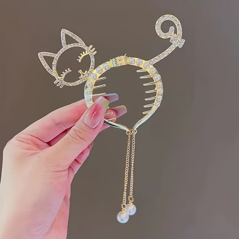 1PC Elegant Alloy Cat Hair Clip with Tassel Pearl Drapes, Cute Round Fashion Hair Accessory for Women, Holiday Party Hair Pin