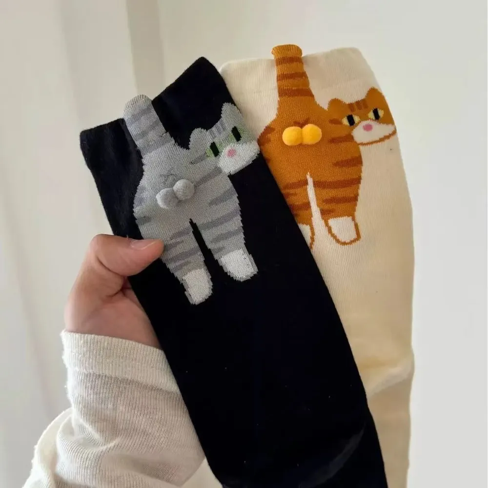 1/2 Pair Socks 3D Cute Funny Abstract Cat Butt Mid-Tube Socks Cartoon Quirky Cotton Socks Cat Egg Floor Sock for Girls Sock
