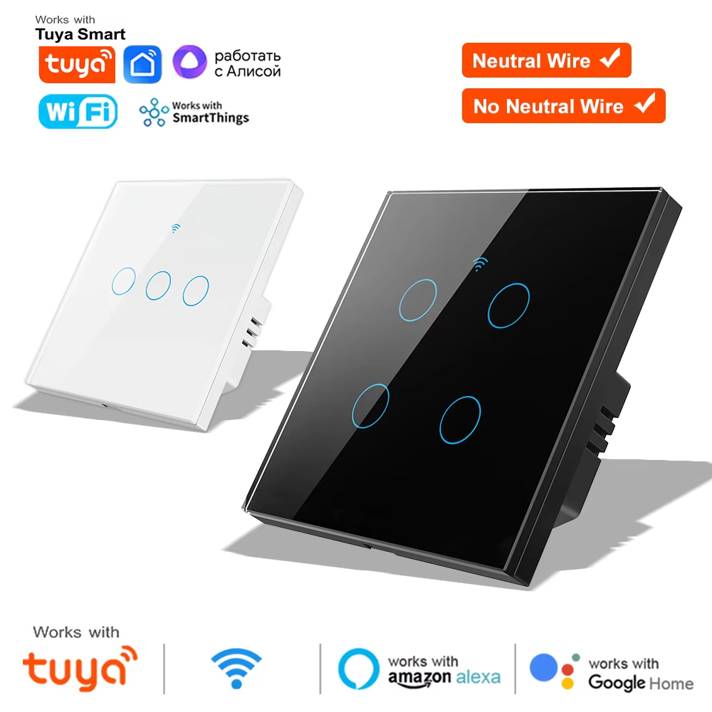 Work With Tuya WIFI Smart RF433 Wall Galss Panel Switch EU 1/2/3/4 Gang Smart life App Voice Control Alexa Home