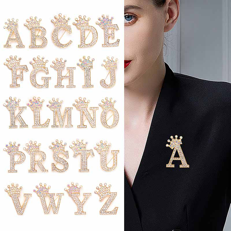 1PCS Silver Crystal Rhinestone Crown 26 Initial Letters A To Z Brooch Pins For Women Jewelry Wedding Dress Lapel Collar Pin