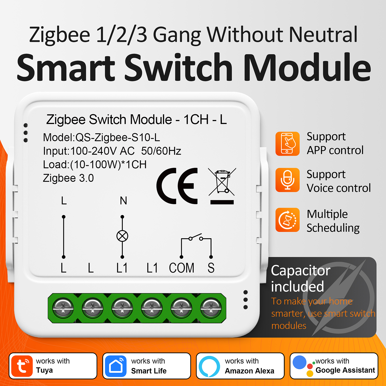 Tuya Zigbee Smart Switch Module 1/2/3 Gang Control No Neutral Wire Required DIY Light Breaker Works With Alexa Home