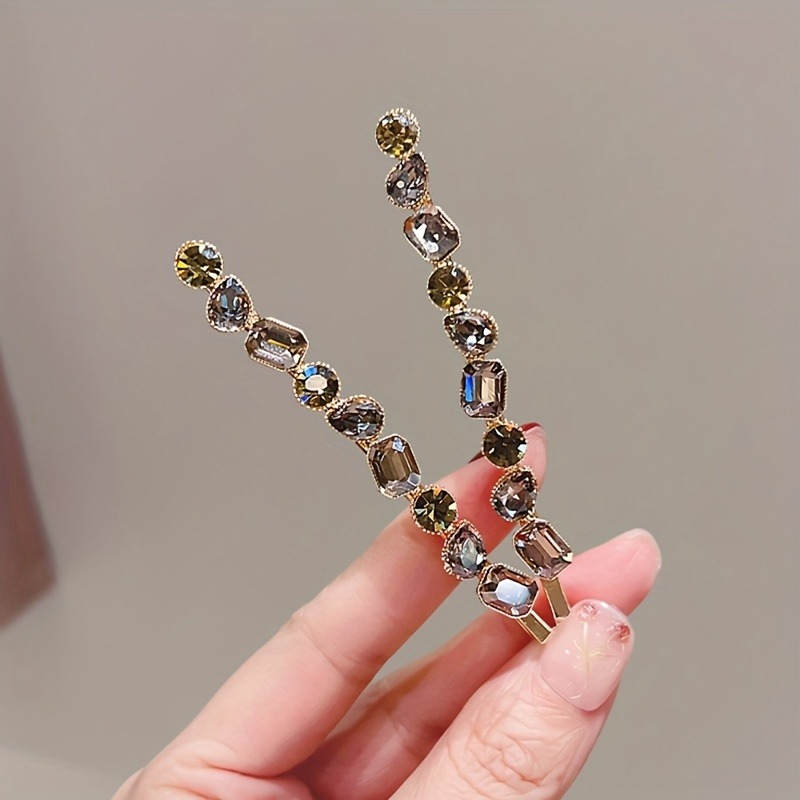 2pcs Classic Retro Color Diamond Versatile Style One Word Clip Fashion Side notch Pair Clip High End Elegant Hair Accessories