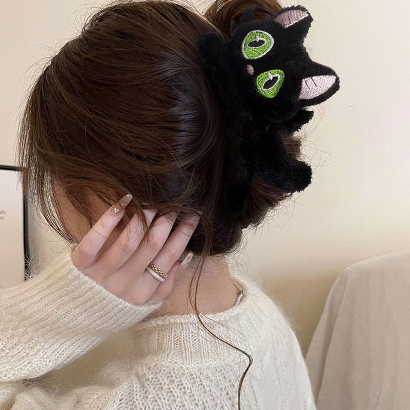 1pc New cute little black cat hair clip for women, autumn and winter plush grip clip cartoon clip