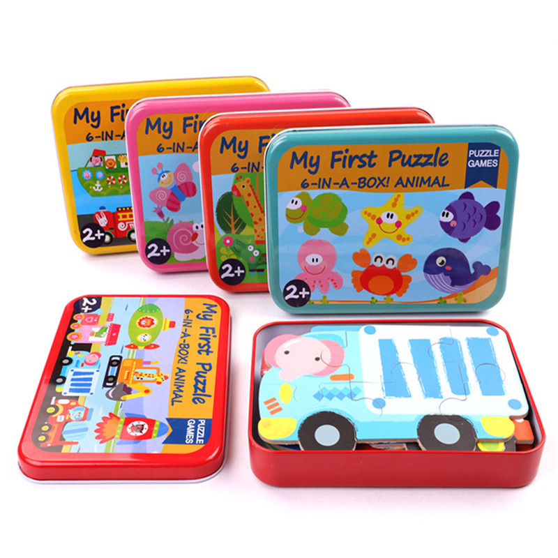 Baby Cartoon 3D Iron Box Wooden Animal/Traffic Puzzles Educational Toy Wooden Puzzle Jigsaw Toy for Children