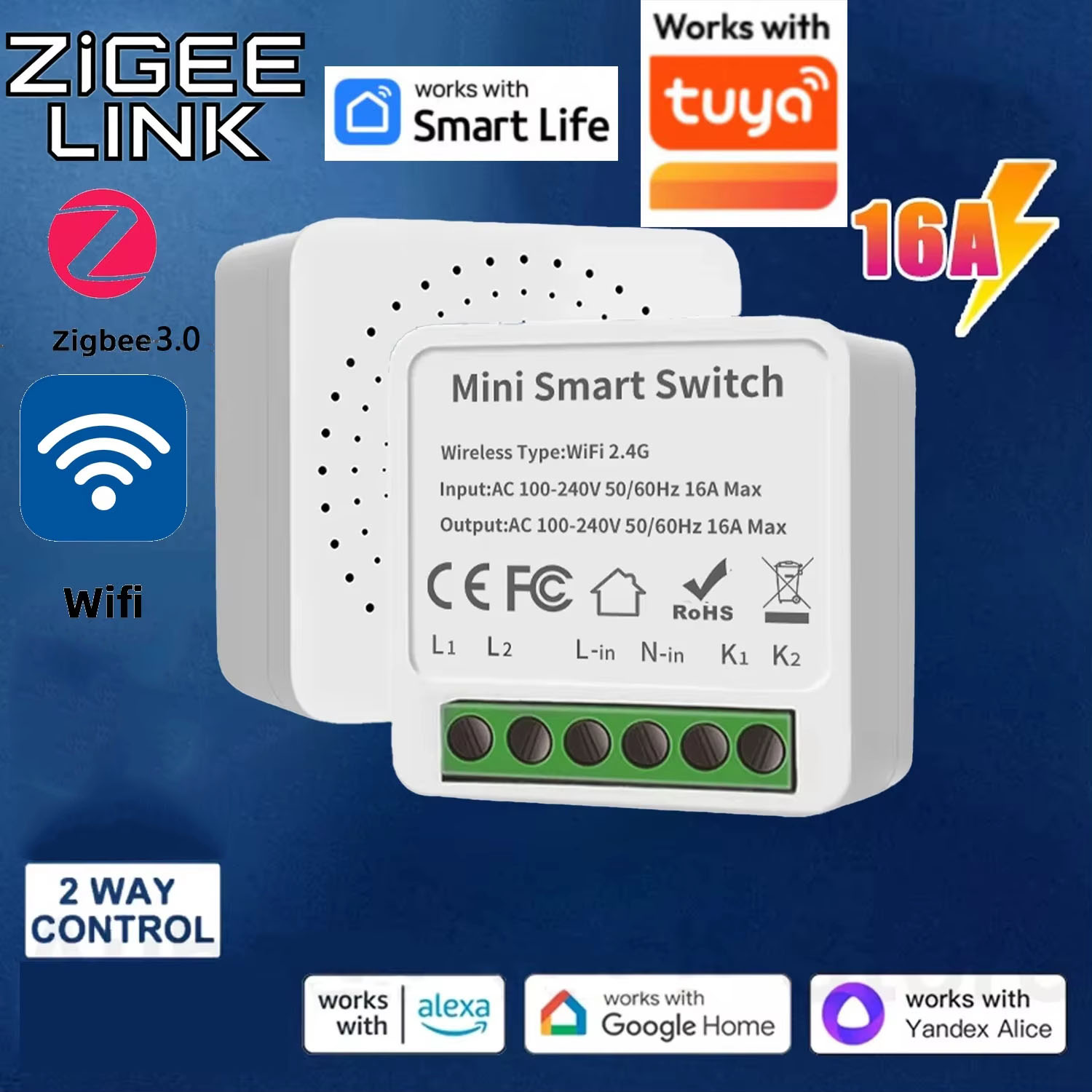 16A/20A Wifi / Zigbee 3.0 Mini Smart Switch Support 2-Way Control Smart Life APP Works With Tuya Alexa Home Yandex Alice