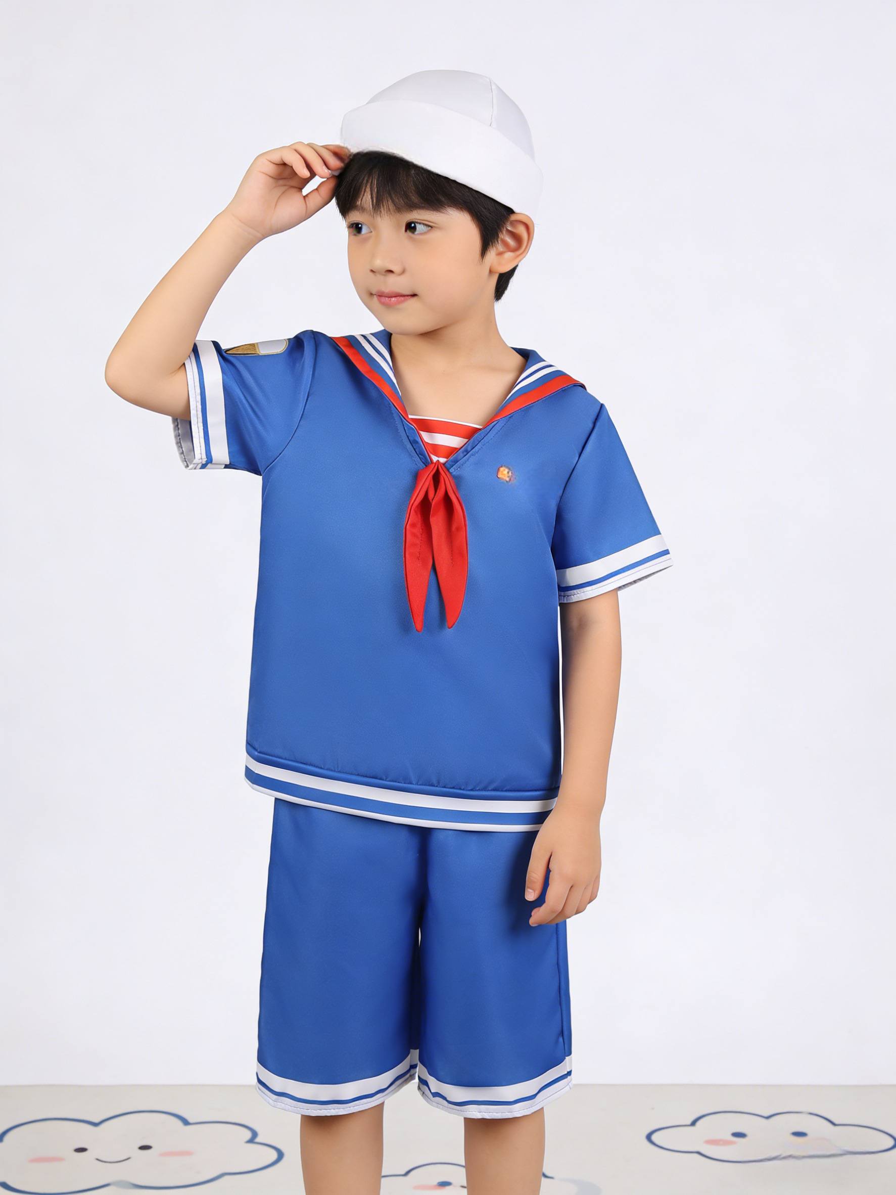 1 Set of Boys' Navy Costume: 1 Hat + 1 Blue Short-Sleeved Shirt + 1 Pair of Blue Shorts, with White Contrasting Trim on the Cuffs and Hems, Matching the Sailor Collar, Suitable for Halloween, Carnival, and Various Holiday Performances