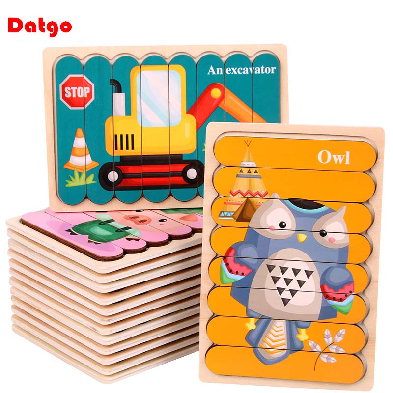 Kids New Wooden Two-sided Strip 3D Puzzles Wood Vehicle Fruit Jigsaw Puzzle Toy for Children Baby Learning Educational Toys