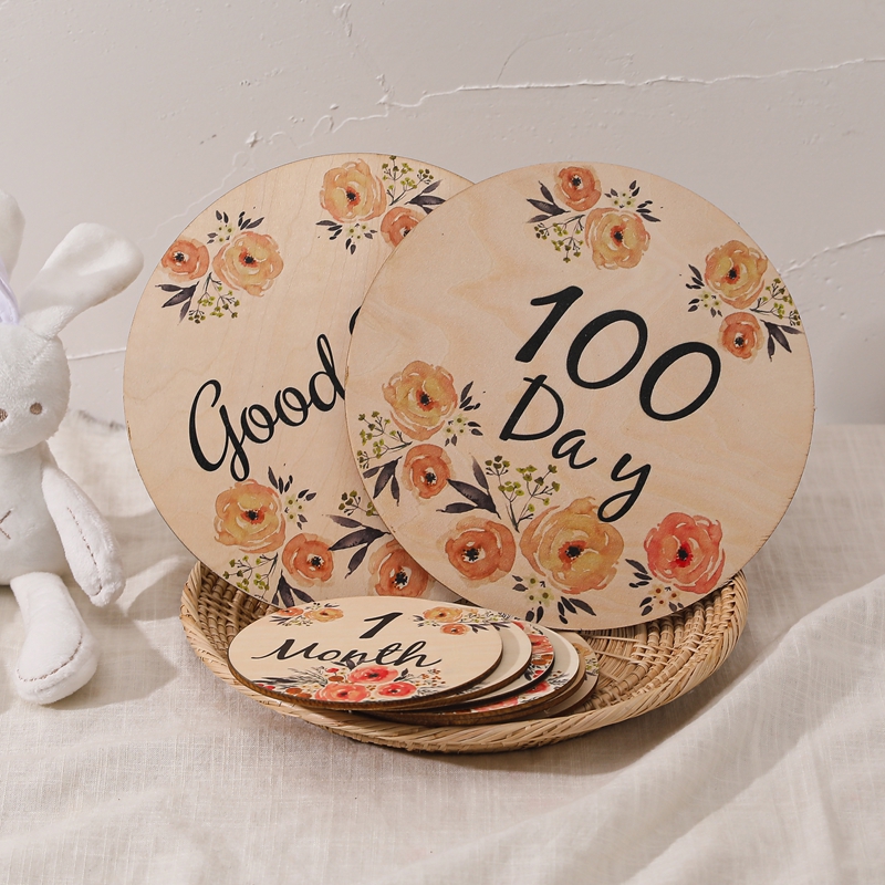 6+2Pcs/Set Wooden Milestone Number Monthly Flower Double Sided Cards Baby Age Photography Accessories Newborn Growth Memorial