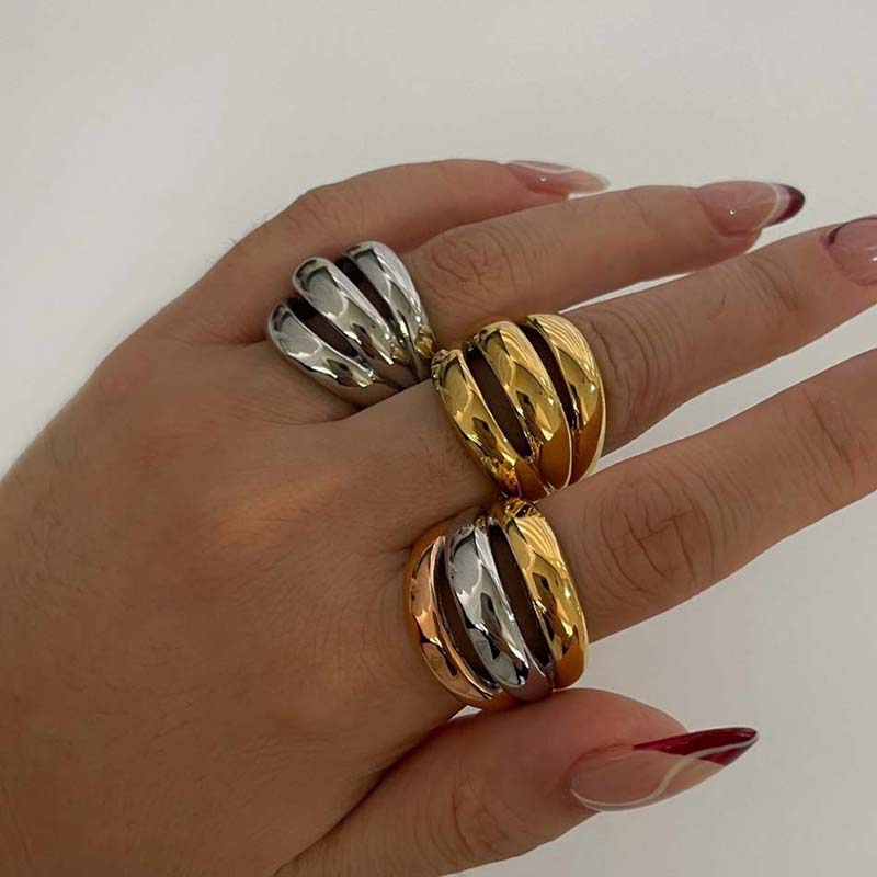 Stainless Steel 18K Gold Silver Plated 3 Splicing Color Chunky Dome Ring Multi-Layer Hollow Rings for Women Men Unisex