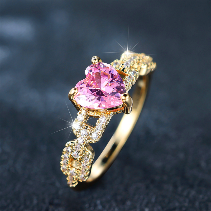 Cute Female Pink Zircon Stone Ring Trendy Yellow Gold Color Heart Engagement Rings For Women Bride Wedding Jewelry