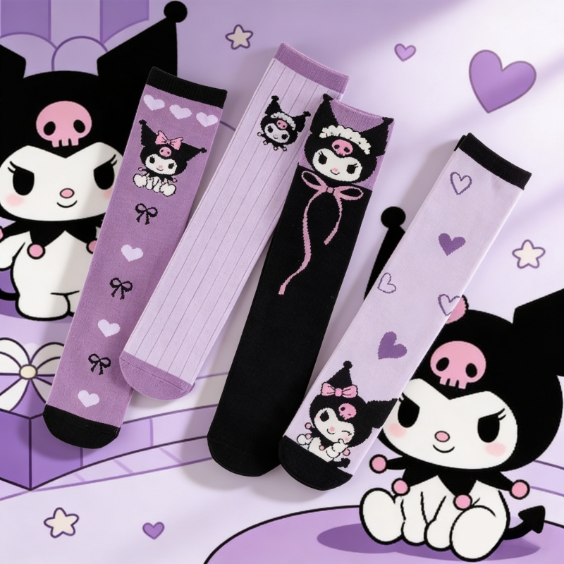 Sanrio 4-Pack Four Seasons Women's Sweet And Cute Purple Cartoon Kuromi Love/Bow Pattern Versatile Comfortable Casual Leg Socks