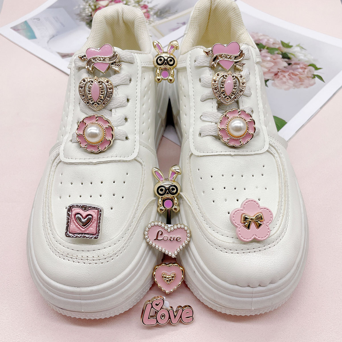 6/9PCS Rabbit Love Shoes Lace Charms Accessories Pink Bowknot Shoelaces Buckles DIY Decorations Flower Heart Shaped Shoe Clips