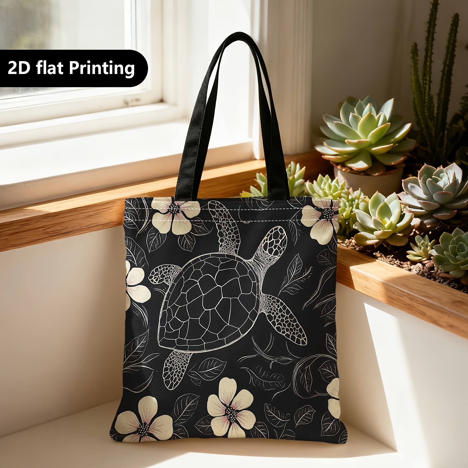 Shopper Bag,Shopping Portable Shoulder Back Hand-held Bag,Turtle, Floral, Monochrome,suitable for Travel, Cosmetics