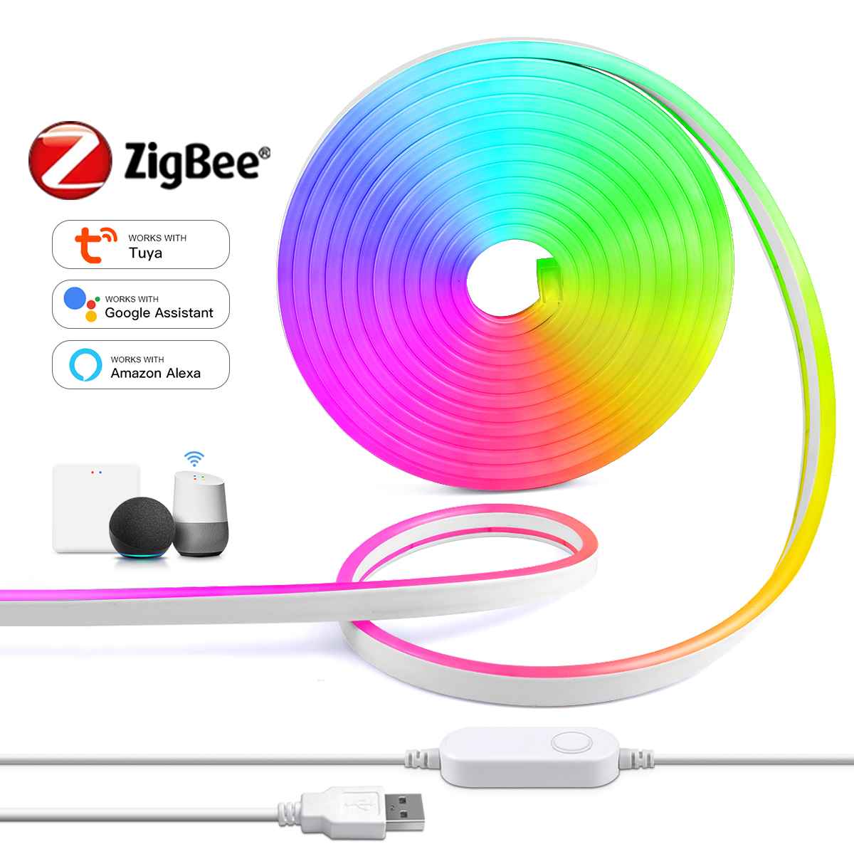 Zigbee Intelligent Home RGB Neon Light Strip For Alexa Assitant Voice Control 5V Tuya USB Lights Game Room PC Wall Decor
