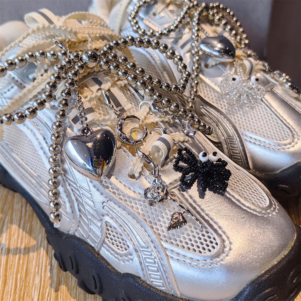 1PCS Fashion Silver Pearl Bow Pendant Gemstone Shoelaces Charms for Sneakers Shoe Decorations Buckle Girl Heart Shoe Charm