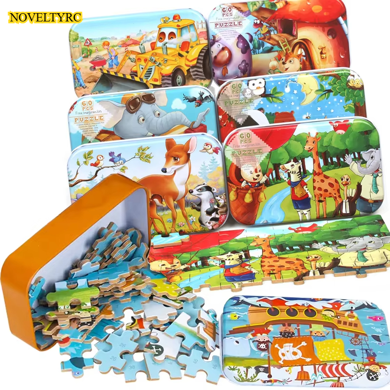 Cartoon Girl Boy Children Toddler Wooden Game Puzzle Paper Puzzle Iron Box 60 Metal Tin Box Children's Puzzle Toy Holiday
