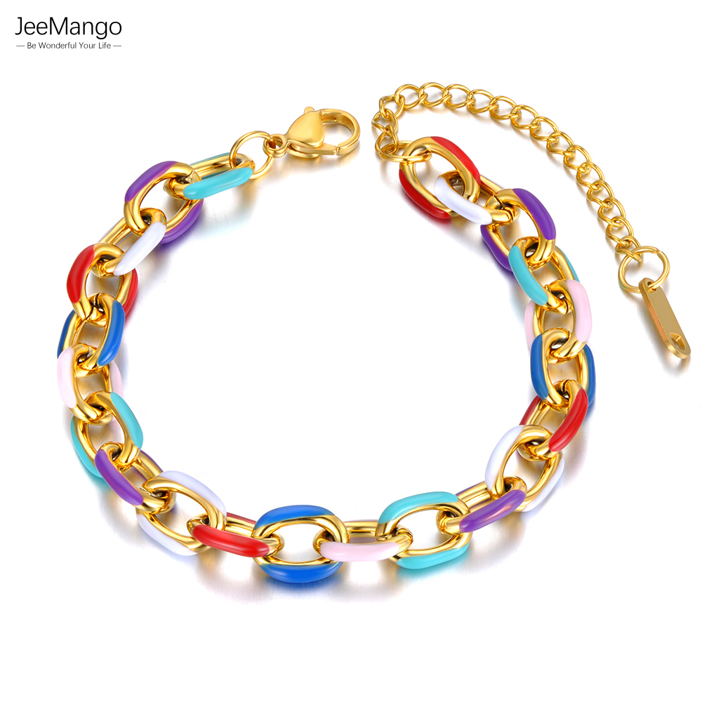 JeeMango Titanium Stainless Steel Chain & Link Bracelet Trendy 18k Gold Plated Colorful Glazed Charm Bracelet For Women JB22038