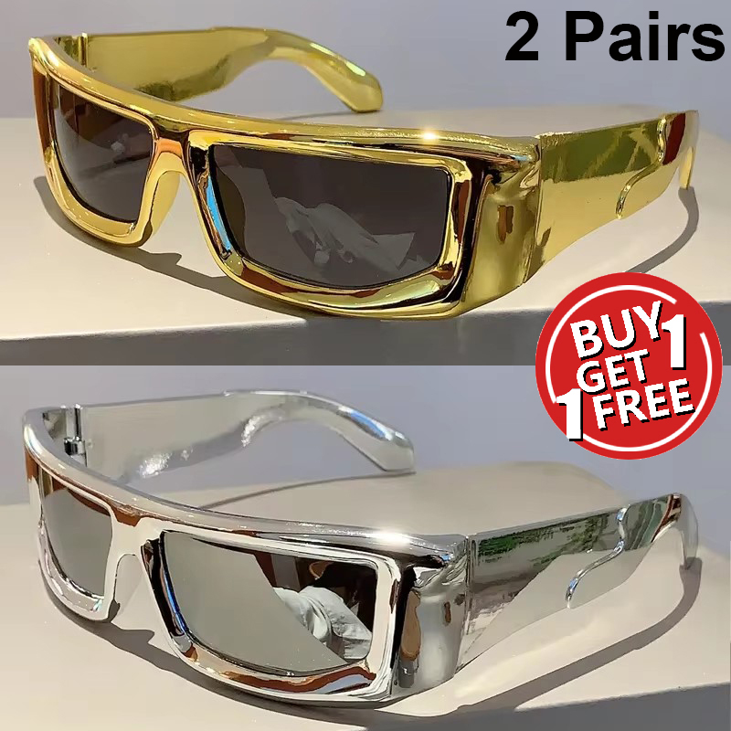 2 Pairs Y2k Punk Mirror Sunglasses Men New Metallic Rim Outdoor Sports Women's Shades Trendy Brand Design Futuristic Sun Glasses